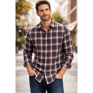 Hart Schaffner Marx Blue Orange Plaid Button down Long sleeve shirt men's L